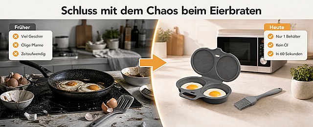 [商品] 使用深灰色双格硅胶煎蛋器+硅胶油刷；保留翻盖双圆格、扁平把手带挂孔、卡扣结构、深灰色硅胶材质；产品外观与输入图完全一致。
[画面] 高级A+痛点对比页，左右分栏对比型。左侧（痛点区）：传统平底锅煎蛋的混乱场景——灶台上油腻的平底锅、散落的蛋壳、油污溅出、需要洗的锅碗瓢盆，背景是杂乱的厨房，色调偏冷灰。右侧（解决区）：干净整洁的现代厨房，微波炉旁放着深灰色硅胶煎蛋器（打开，内有两颗完美煎蛋）和硅胶油刷，台面干净无油污，色调暖亮。中间用一条渐变分割线区分左右，分割线上方有一个大号箭头从左指向右。产品占画面约50%。
[视觉] 套系策略：风格=跨境极简高级商业摄影；标题字=现代无衬线粗体；正文字=简洁无衬线体；主色=暖米灰；背景延展=基于暖米灰做深浅层级、同色渐变和木质/石材质感；强调色=暖橙黄，仅用于小面积图标、引线和标签；标题色=深炭灰；正文色=中暖灰；组件=圆角浅底信息卡、细线引线；光影=右侧暖柔光，左侧冷调对比。
[文字] 顶部居中大标题"Schluss mit dem Chaos beim Eierbraten"（告别煎蛋混乱）。左侧上方小标题"Früher"（以前），下方3个叉号痛点：Viel Geschirr / Ölige Pfanne / Zeitaufwendig。右侧上方小标题"Heute"（如今），下方3个对勾卖点：Nur 1 Behälter / Kein Öl / In 60 Sekunden。文字全部横排，左右对齐。
[规格] 61:25横版（电脑端高级A+），4K，负向：变形、错字、模糊、中文、英寸单位、价格促销、绝对化用词、侵权元素、过度夸张脏乱。