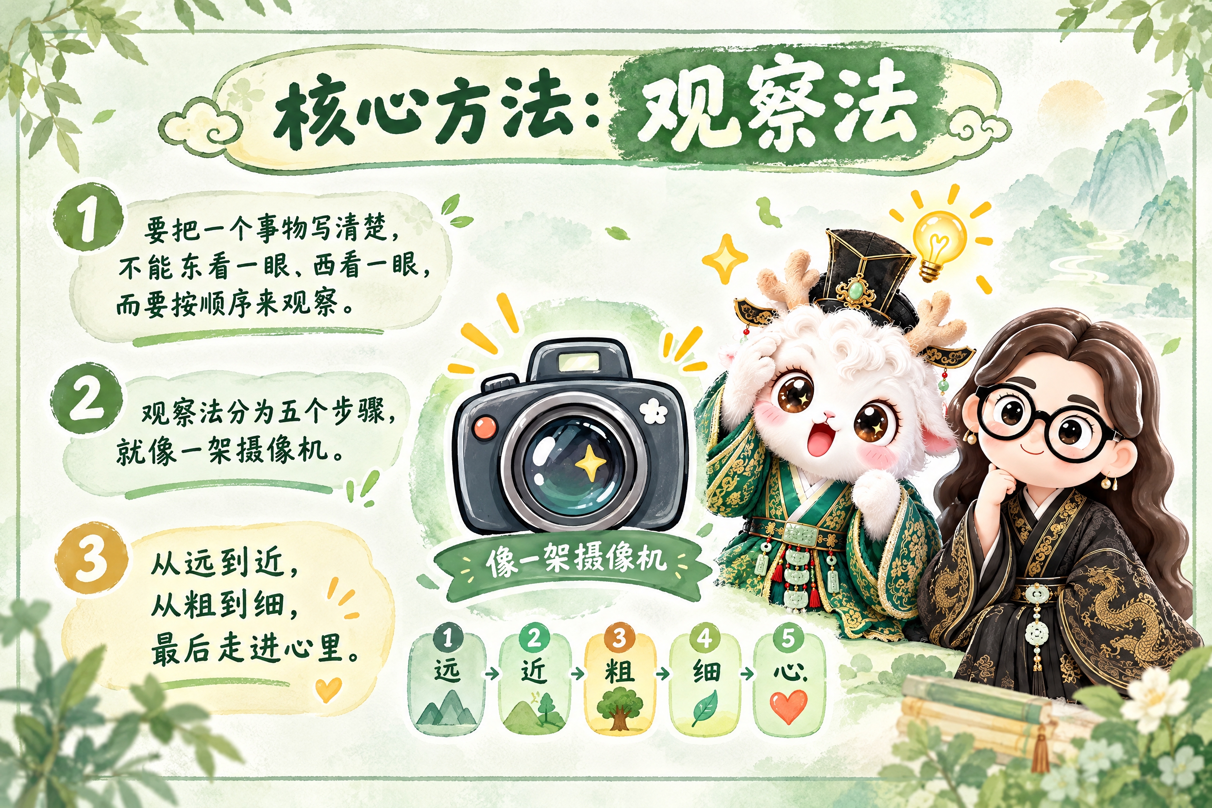 横版6寸比例的知识卡片设计，标题为"核心方法：观察法"，内容分… - 图片创意预览