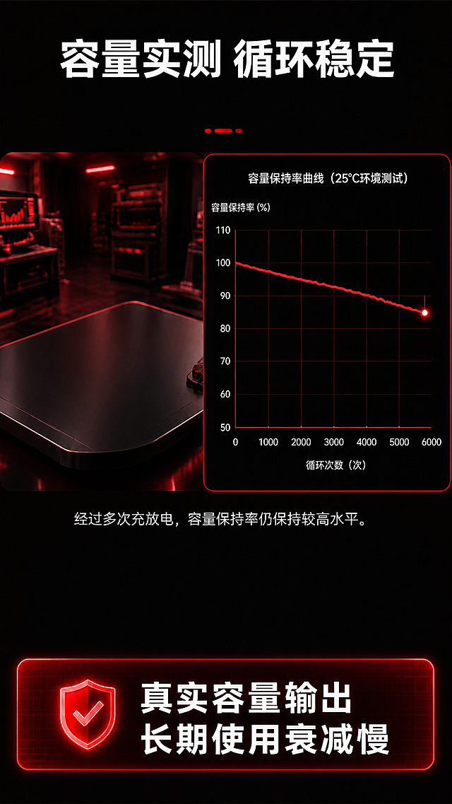 将该图片色调风格改成红黑色，所有图标和发光元素改为红色，背景改为黑色，保留全部原有文字内容和电芯产品不变