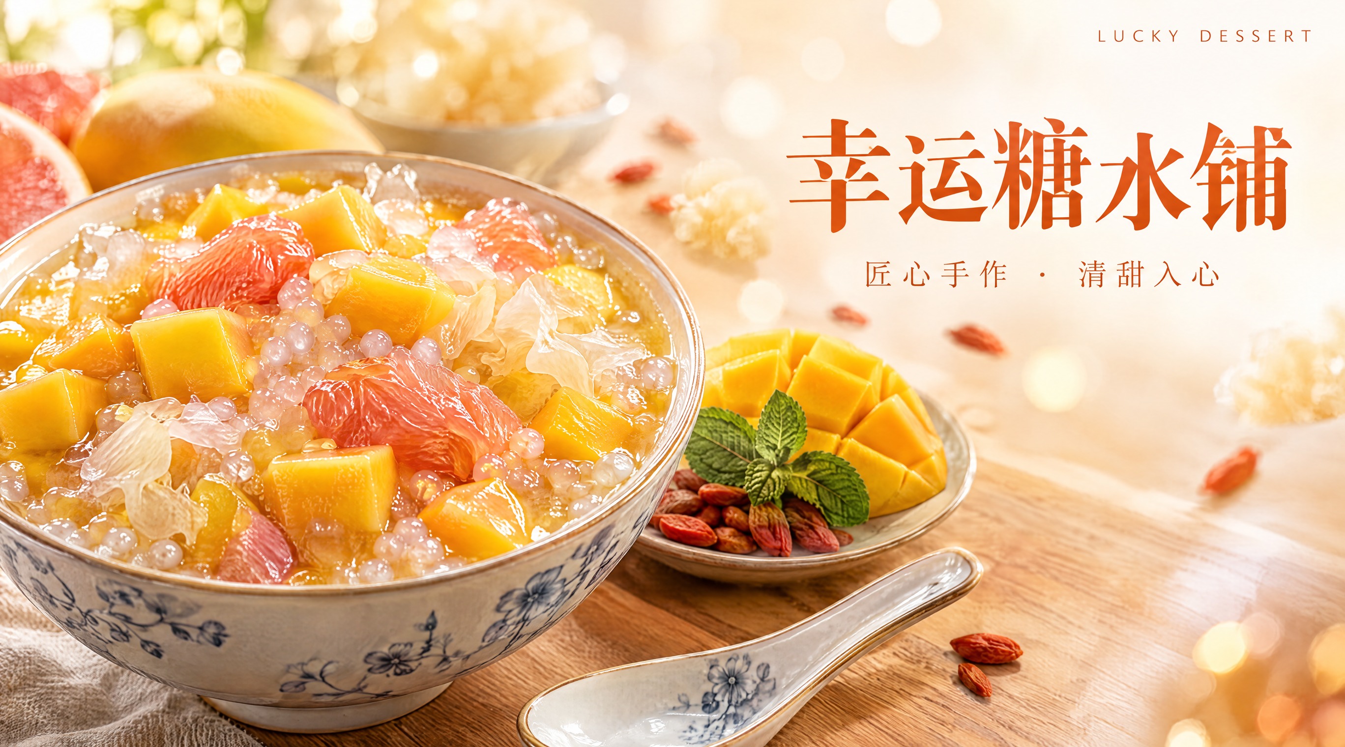 写实商业摄影风格，糖水店铺招设计。横版构图，画面左侧是一碗诱人… - 图片创意预览