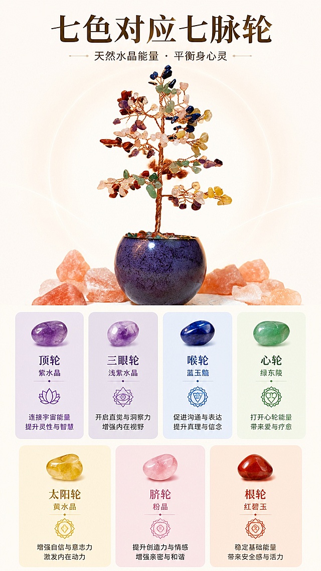 [第4屏] 成分解析-七种水晶对应七脉轮功效展示。本屏使用【图1】产品原型作为基础。
[氛围/风格] 清爽干净信息风，能量治愈系，分区清晰易读。
[元素布局] 上半部分保留产品全景，占比约40%，下半部分分为7个小色块区域，每个区域展示一种水晶颜色，并标注对应脉轮名称，整体排版规整不拥挤，保持产品原有色彩对应关系。
[光影质感] 均匀柔光打亮，整体画面清晰明亮，每个信息区块对比清晰。
[配色色系] 全局底色 #fbf8f5；主色对应七种水晶原有色彩；辅助色浅柔色块打底，文字深色清晰可读。
[视角构图] 正面排版构图，上产品下信息，符合手机端阅读动线。
[文字版式] 顶部主标题「七色对应七脉轮」，七个区块分别标注：顶轮（紫水晶）、三眼轮（浅紫）、喉轮（蓝玉髓）、心轮（绿东陵）、太阳轮（黄水晶）、脐轮（粉晶）、根轮（红碧玉），文字排版清晰，每个区块字号适中手机可读。
[比例分辨率] 9:16 竖版比例，4K分辨率，文字清晰可辨，高清画质。
[负向提示词] 色彩对应错误，排版混乱，文字错乱，文字过小，产品变形，水印。