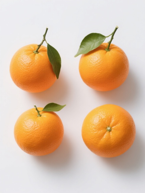 纯白背景上，四个造型样式各异的橘子规整排布，每个橘子均保持高写实摄影风格，具有饱满鲜亮的橙黄色果皮，清晰可见的毛孔质感，顶部带有翠绿的叶子和果蒂，光影自然，立体感强，无任何文字、logo或水印。预览效果