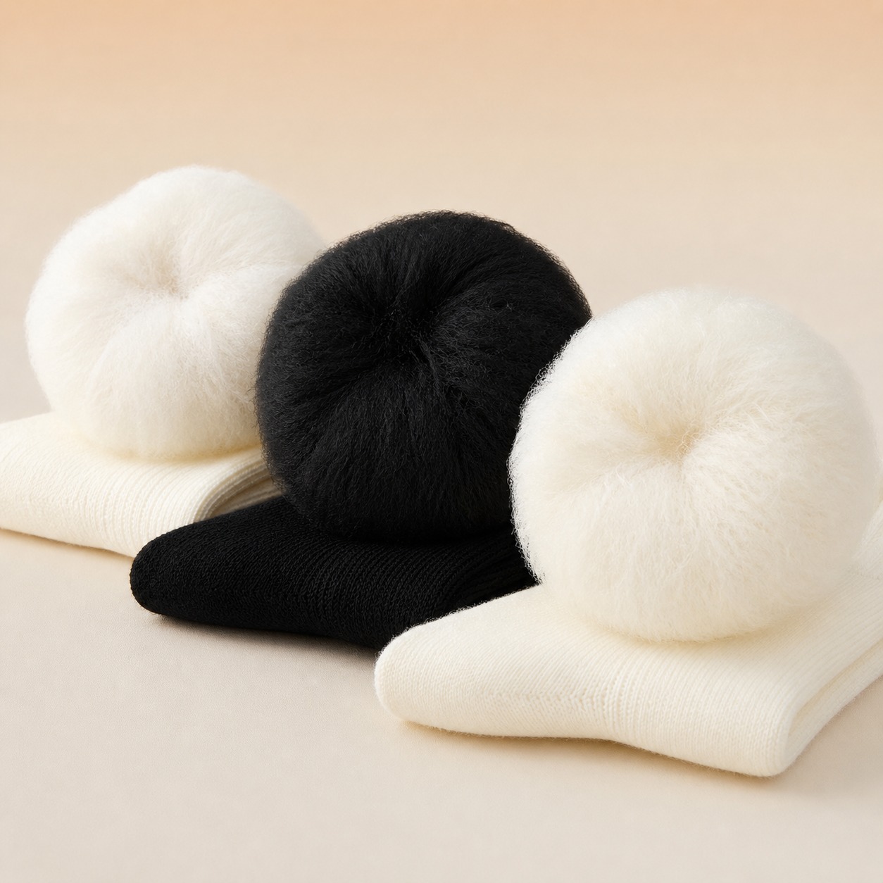 将图片1的3个毛球和下面的袜子换成2个白色、1个黑色。白色参考… - 图片创意预览