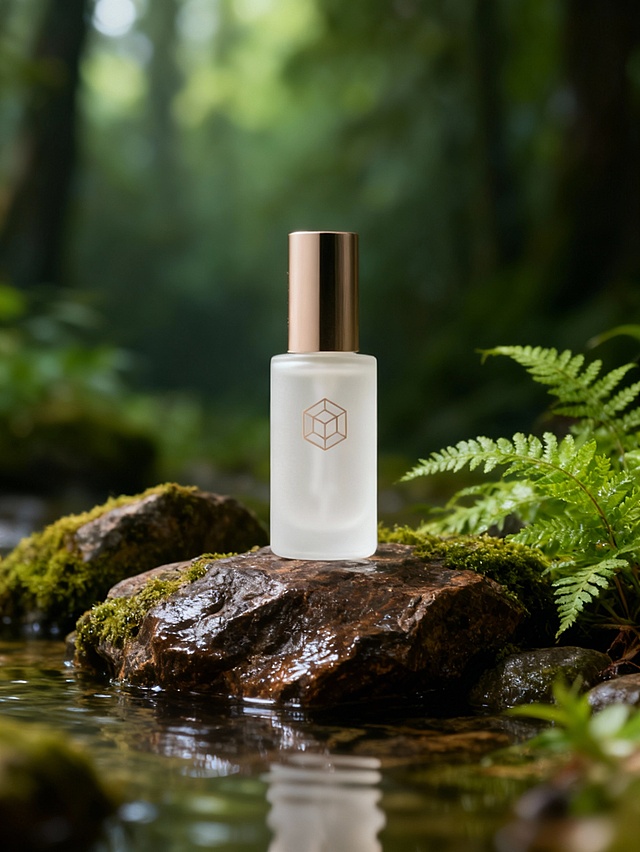 主体被置于粗糙岩石之上（主体占画面比为25%），岩石质感厚重深棕色呈现些许光泽，占比适中，是视觉核心；自然元素包含苔藓覆盖的岩石、鲜绿的蕨类植物，以及背景中朦胧的墨绿色森林；采用浅景深构图，主体置于苔藓岩石上，前方浅水衬托，周围自然元素环绕；画面采用浅景深构图，以主体为视觉焦点，周围自然元素环绕衬托，营造出层次分明的空间感；色彩以不同层次的绿色为主调（苔藓的深绿、蕨类的鲜绿、背景的浅绿），突出产品自然氛围感。自然打光，保证溶图效果。