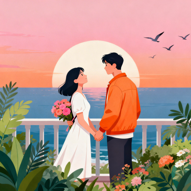 扁平风矢量插画，一对情侣在海边露台牵手依偎，女生仰头温柔看向男生，男生穿着暖橙色夹克，女生穿着白色连衣裙，背后藏着一束粉橙色花束。背景是渐变粉橙的黄昏天空，巨大的圆形落日悬于海面，几只飞鸟掠过，前景是预览效果