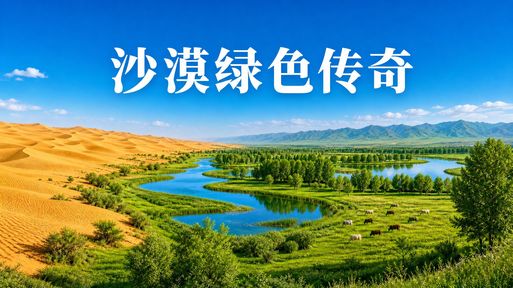 参考图整体构图和场景不变：左侧金色沙漠沙丘，右侧绿色绿洲、蜿蜒… - 图片创意预览