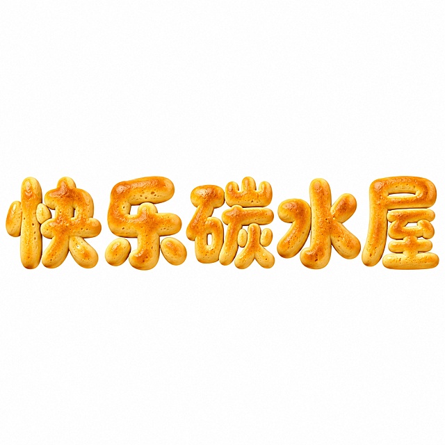 干净的纯白色背景。平面艺术字体设计，5个主体文字“快乐碳水屋”，所有文字单行横向排列，食物风格，字体全部由松软的面包做成，面包呈暖金黄色，表面有自然的烘焙纹理和轻微气孔，字体结构跟随面包松软圆润的物理特性，整体可爱饱满，主体色暖金黄色。仅包含5个字："快"、"乐"、"碳"、"水"、"屋"，不得增加、遗漏或替换任何一个字。文字整体必须完整呈现在画面内不可被裁切，四周留有安全边距。比例1:1。