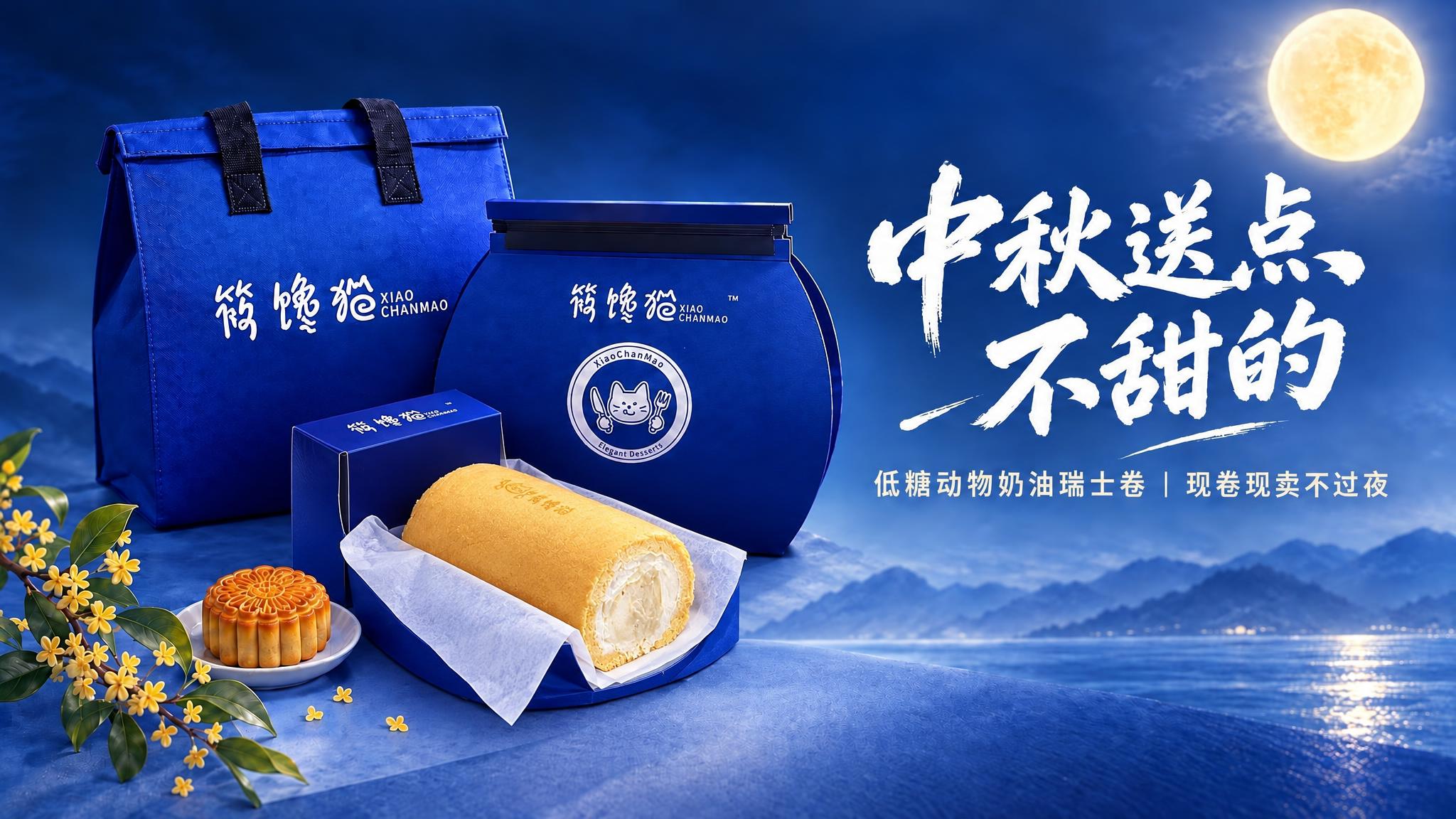 保持画面整体完全不变：深蓝色背景、保温袋（黑色织带提手，筷馋猫… - 图片创意预览