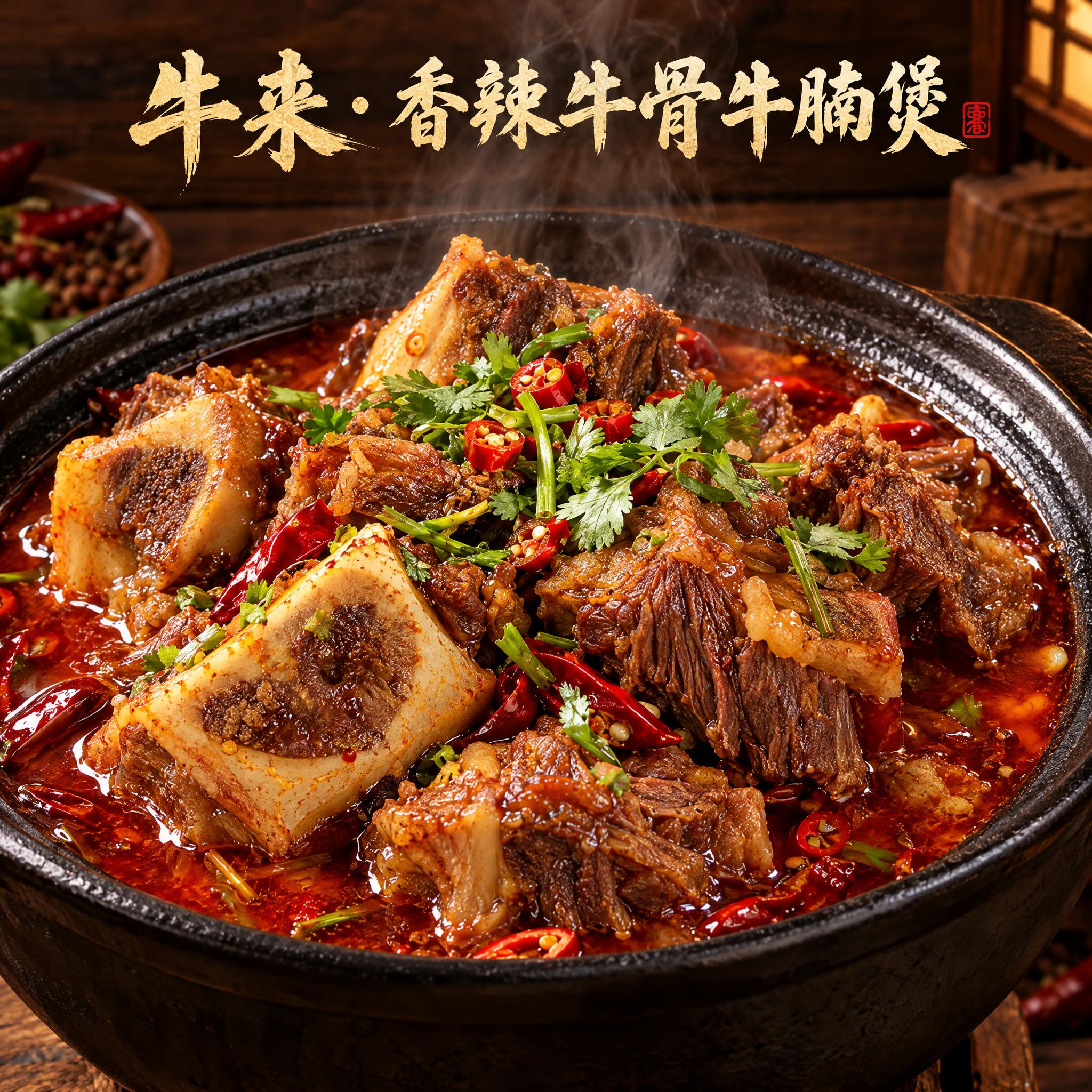 美食摄影写真风格，香辣牛骨牛腩煲特写，浓郁红亮的汤汁中大块牛骨… - 图片创意预览