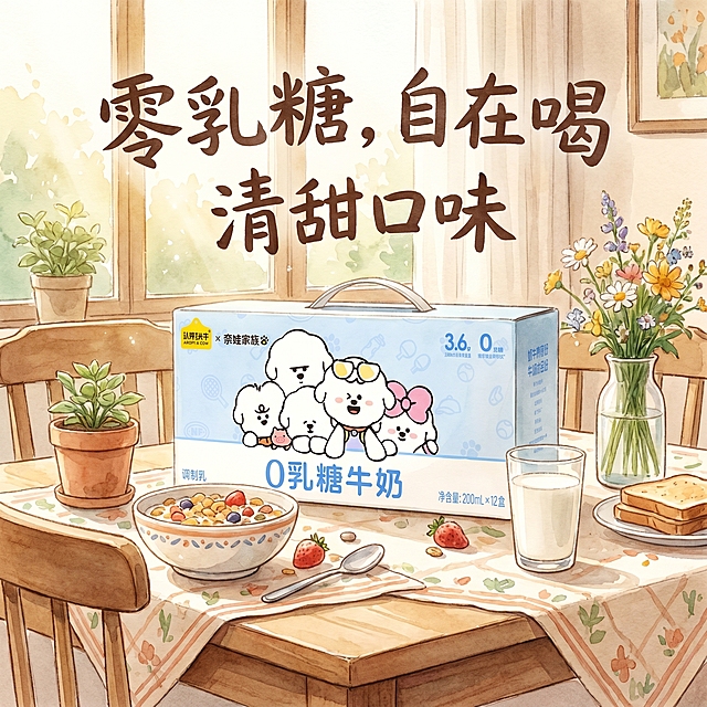 零乳糖纯牛奶商品主图，包装保留原有奈娃家族卡通形象，卖点文字"零乳糖，自在喝，清甜口味"，清新水彩插画风格，家庭厨房早餐桌场景，柔和自然光线，适配淘宝天猫平台