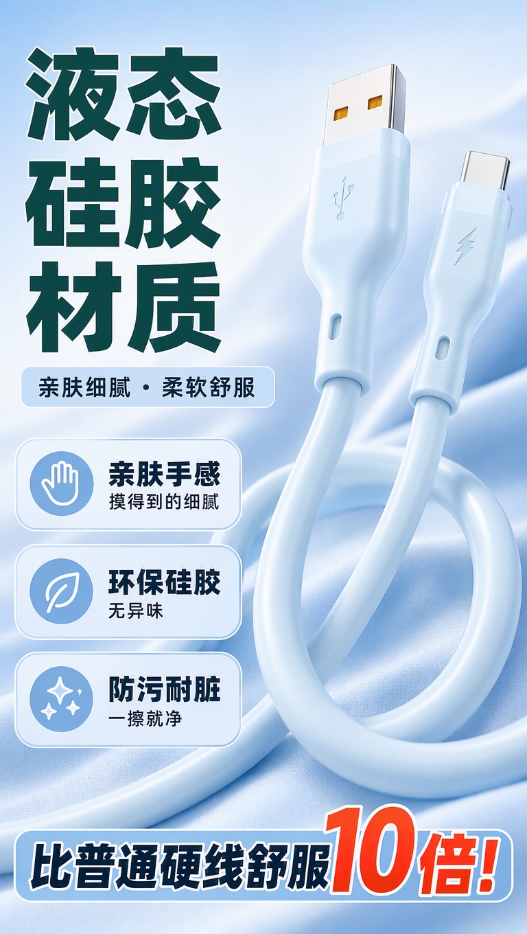 [商品] 使用【图1】液态硅胶快充数据线；保留浅蓝色线身、接头… - 图片创意预览
