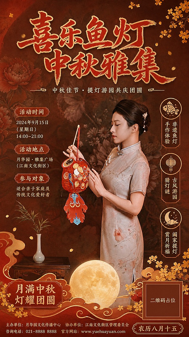 中秋节喜乐鱼灯主题活动海报，国风新中式工笔风格，暖橙朱红配色，雅致喜庆氛围。画面主体：一位身着淡粉色印花旗袍的温婉女子，手持精致的红色非遗鱼灯，鱼灯鳞片金光闪烁，造型灵动栩栩如生。背景为深赭红色古典暗纹背景，隐约有工笔牡丹花卉纹样，左下角摆放一张古朴木桌，桌上白色细颈瓷瓶插着一枝竹叶。画面上方居中是主标题大字"喜乐鱼灯 中秋雅集"，字体为典雅书法体，朱红色带金边；主标题下方是副标题"中秋佳节 · 提灯游园共庆团圆"，浅金色小字。画面右侧竖排三个活动亮点标签，配简约图标："非遗鱼灯手作体验"、"古风游园猜灯谜"、"阖家提灯赏月祈福"。底部有装饰性云纹和圆月元素，点缀金色桂花飘落，左下角标注"月满中秋 灯耀团圆"，右下角标注"农历八月十五"。整体构图层次分明，版式精美，留白舒适，光影柔和温暖，充满中秋节日氛围感。画面中所有信息区域必须填充完整合理的内容，不得出现空白框或待填写区域。画面中所有二维码区域使用纯色方块占位符呈现，方块中央标注"二维码占位"文字，严禁生成任何可识别的二维码图案。