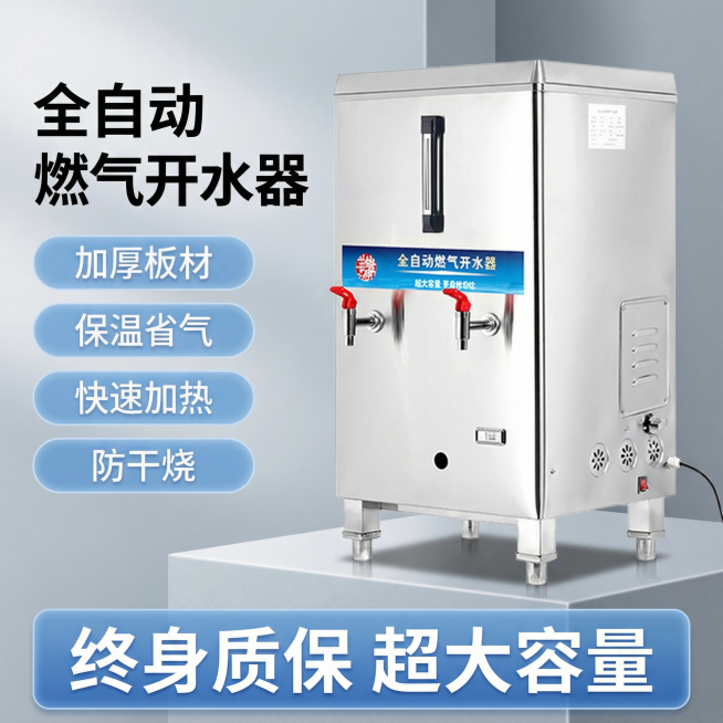 [主图 1] 商用全自动燃气开水器首图
[氛围风格] 科技专业商用风格，冷调质感，简洁稳重
[画面元素] 商业摄影质感、光线柔和通透、产品清晰真实、画面干净高级。全自动燃气开水器居中放置，保留产品外观预览效果