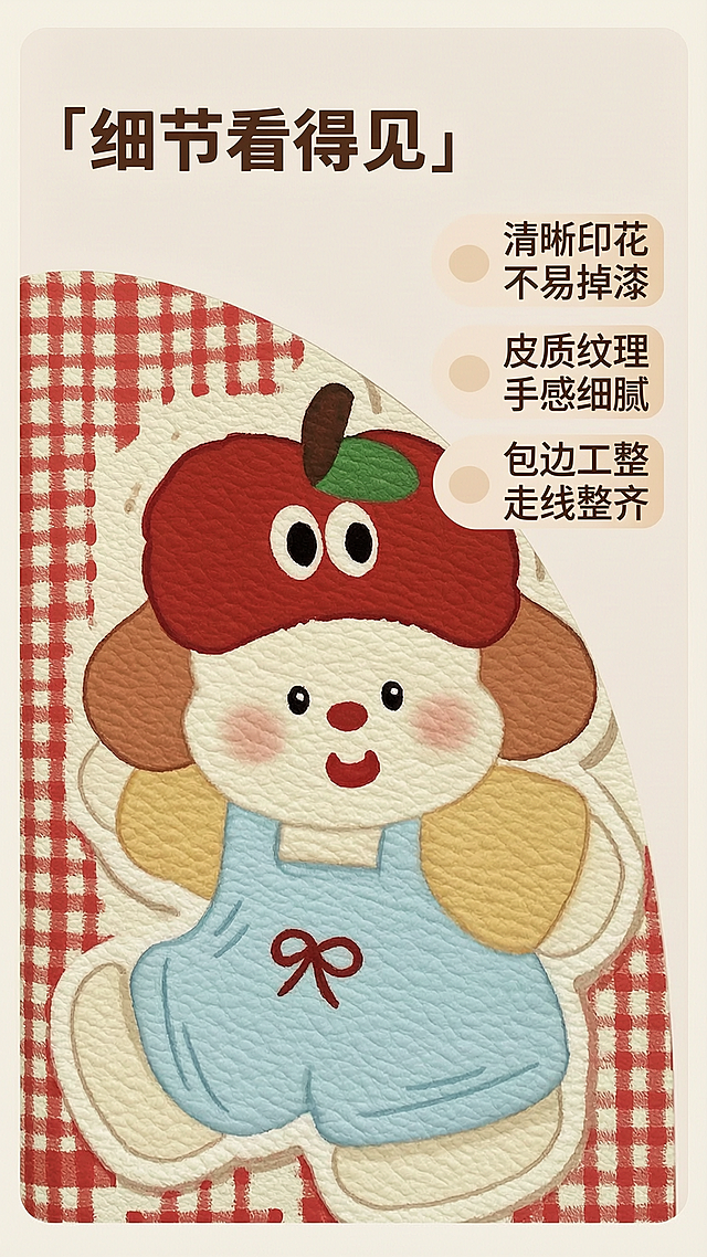 [第4屏] 产品图案细节微距特写苹果小狗旋转平板保护套。
[氛围/风格] 细节质感展示，近距离真实微距，清晰呈现印花工艺，皮质纹理。
[元素布局] 画面中心放大展示苹果小狗卡通印花区域，占据画面约70%面积，保留保护套皮质基底纹理，清晰呈现苹果小狗印花颜色：红色苹果造型帽子、蓝色背带裤、米白色小狗主体的配色和细节，红色格纹边缘的格纹纹理也清晰展示，突出印花清晰不掉色的特点。背景为浅米杏色，边缘保留少量保护套皮质做过渡，不抢主体焦点。
[光影质感] 柔和侧光突出皮质肌理和印花的凹凸质感，明暗过渡自然，纹理清晰可见，没有生硬阴影。
[配色色系] 全局底色：#F8F2E4（米杏色）；主体配色和辅助色与第一屏完全保持一致。
[视角构图] 正面微距平视，印花主体位于画面绝对中心，构图饱满，细节清晰。
[文字版式] 顶部居左主标题「细节看得见」，深棕色圆润字体。下方三个卖点竖向排列在画面右侧：「清晰印花 不易掉漆」「皮质纹理 手感细腻」「包边工整 走线整齐」，每个卖点配一个小圆点前缀，深棕色文字配浅米圆角卡片，不遮挡主体印花。
[比例分辨率] 9:16 竖版比例，2k 分辨率，文字清晰可辨，超高清。
[负向提示词] 印花模糊，颜色偏差，纹理错乱，文字错乱，水印，背景杂乱。