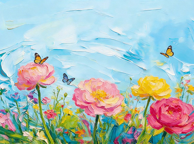 在画面下方融入鲜艳的花草，花草高低错落点缀，飞来的蝴蝶在花瓣上飞舞，有两三朵粉黄、粉洋红的厚涂大花朵鲜亮绽放，整体清新自然，保持油画肌理风格