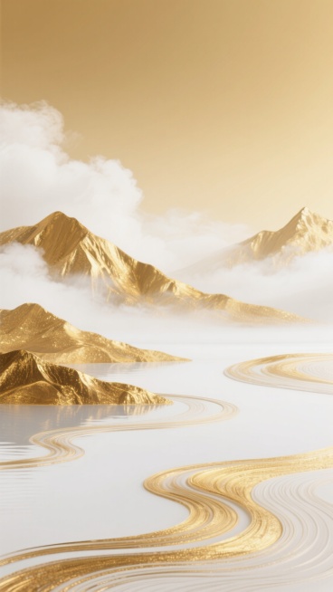 金白渐变配色的抽象背景，融合山川起伏的流畅曲线与湖海波浪的韵律线条，以细腻的纹理笔触交织呈现，金色部分带有金属光泽的质感，白色区域如云雾般轻盈过渡，整体风格简约而富有动感，色彩和谐统一，营造出自然与艺术交融的视觉效果。预览效果