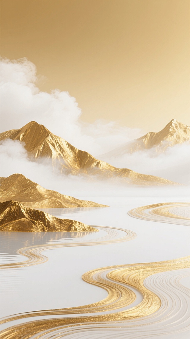 金白渐变配色的抽象背景，融合山川起伏的流畅曲线与湖海波浪的韵律线条，以细腻的纹理笔触交织呈现，金色部分带有金属光泽的质感，白色区域如云雾般轻盈过渡，整体风格简约而富有动感，色彩和谐统一，营造出自然与艺术交融的视觉效果。