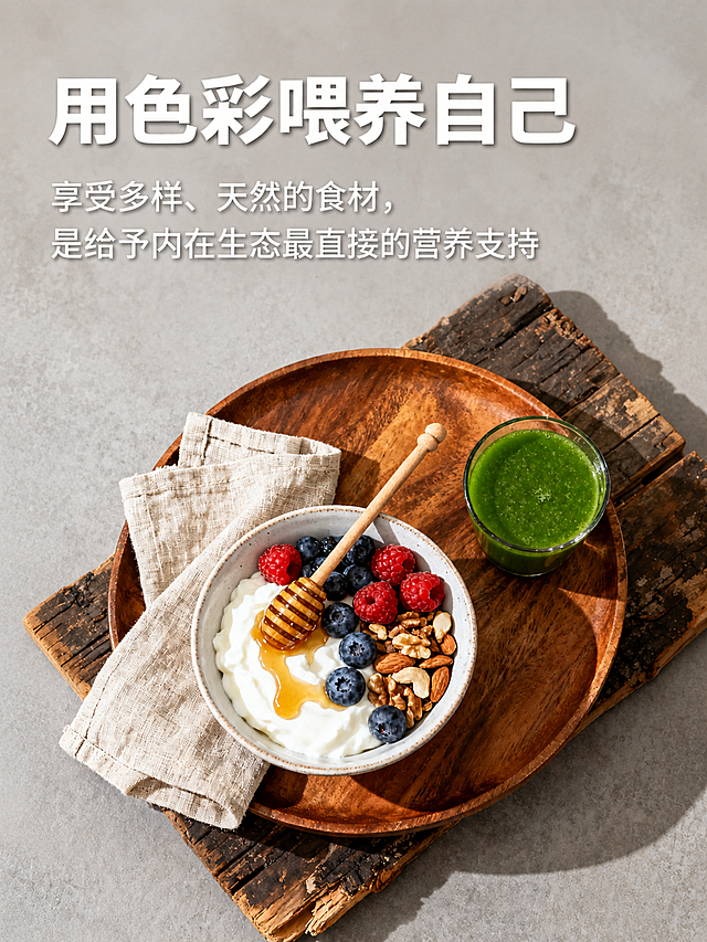 高质量美食摄影，俯拍的早餐场景。木盘中有淋了蜂蜜的希腊酸奶碗，缀以莓果、坚果，旁边有一小杯绿色果蔬汁。构图留白充足，光线自然。色彩来自食物本身，道具简约，包含亚麻餐巾和旧木板。添加标题文字"用色彩喂养自己"，正文文字"享受多样、天然的食材，是给予内在生态最直接的营养支持"，文字清晰美观