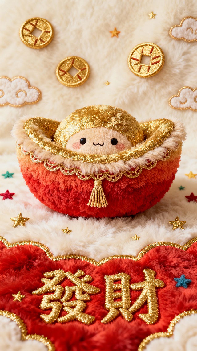 国潮风毛绒财神宝宝，拟人化金元宝造型，刺绣风“发财”字样，鎏金与毛发生长质感交织，喜庆可爱，春节氛围浓厚。