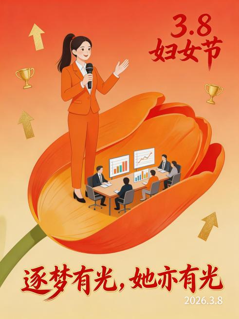 国潮扁平插画风格，一位女创业者自信演讲，站在一朵橙色郁金香花瓣上，花瓣中是会议室与数据图表，背景是橙红与暖金的渐变，点缀箭头与奖杯元素，整体果敢大气。右上角有红色书法字体文字“3.8 妇女节”，底部有预览效果
