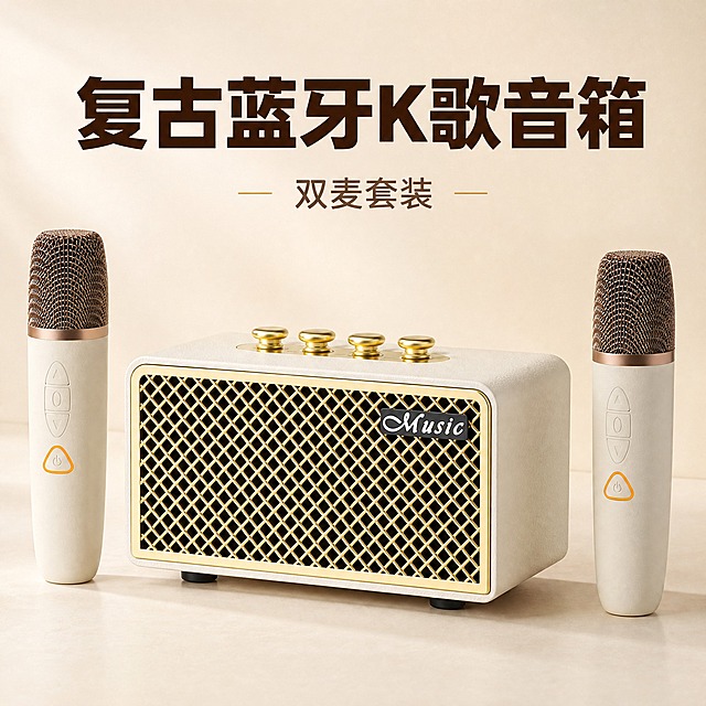 [主图-1] 商品识别/套装识别：完整呈现复古蓝牙K歌音箱套装，让买家第一眼看清产品与双麦配置。
[统一基调] 1688国内电商主图，1:1方形，中文文案，复古美式暖调商业摄影风。背景以奶油米白到浅暖棕渐变为主，主标题用深咖啡棕粗黑体，辅助说明用暖灰棕细体，强调色为金铜色；统一无衬线字体系统，标题粗、说明细，字号层级清晰；卡片/图标统一金色细线圆角样式，不使用厚重色块底板和大面积通栏。产品外观严格保持参考图：米白皮革纹理箱体、金色菱形金属网罩、顶部四个金色金属旋钮、两支米白手柄配古铜色金属网罩的无线麦克风，不得改变颜色、结构、材质和比例。
[画面] 音箱与两支无线麦克风完整同框，音箱居中偏左约55%占比，两支麦克风一左一右立在音箱两侧，整体30度侧前视角展示正面金属网罩、顶部旋钮和皮革纹理；背景为奶油米白浅渐变棚拍底，桌面有真实接触阴影，产品轮廓完整不被切割。
[光影质感] 柔和主光从左上打来，皮革呈现细腻颗粒与真实反光，金属旋钮和网罩有清晰高光，接触阴影自然，商业棚拍质感。
[配色] 背景奶油米白，主标题深咖啡棕，辅助文字暖灰棕，强调色金铜。
[文字版式] 画面上方留白处放主标题“复古蓝牙K歌音箱”，下方小字“双麦套装”，无其他卖点堆叠。
[输出要求] 1:1方形，中文文字清晰无错字，产品清晰不变形；禁止错字、变形、模糊、杂乱、水印、平台Logo。