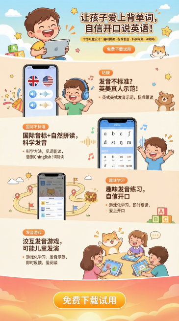 这个是英语单词拼读APP的手机界面，我需要做成产品的详情页，针对孩子学习英语的痛点来设计，然后每个图片各生成一张，模板用第一个图片的这种类似的预览效果