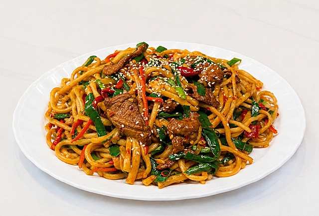 把图二盘子里的干煸炒面完整移动到图一的白色盘子上，完全保留食物原本的样子、颜色、形状和全部细节，不改变任何食物内容，保证生成图片的清晰度为高清