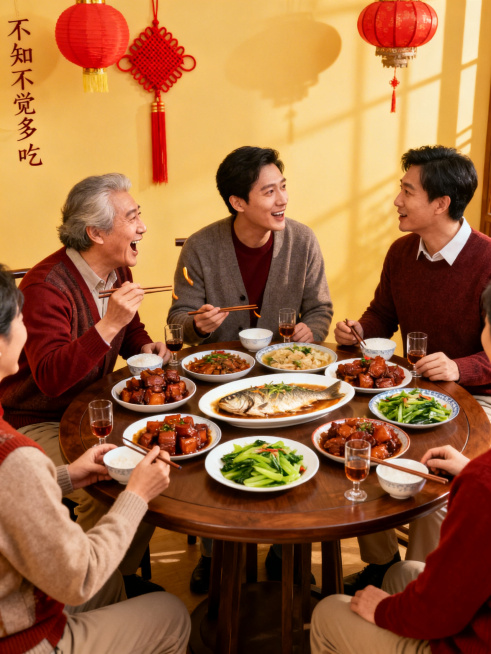 团圆饭全景，5-6人围坐圆桌，有人边夹菜边聊天，笑容满面，有人侧身倾听，手中拿着筷子，餐桌上菜肴丰盛，杯盏交错，背景有过年装饰，氛围轻松热闹，突出“边聊边吃”的分散注意力场景，人物动作自然，互动感强，预览效果