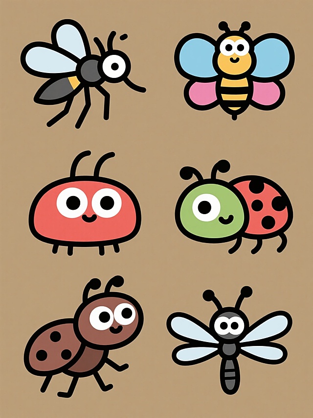 纯色背景上，六个完全不同的昆虫角色以规整网格排布的系列素材集合，保持与原图一致的平面卡通风格，每个昆虫都具有圆润可爱的造型、大大的白色眼睛、清晰的黑色轮廓线和鲜艳的色彩填充，包括蚊子、蝴蝶、蜜蜂、瓢虫、蚂蚁和蜻蜓，每个昆虫都展现出独特的身体特征和生动的姿态，整体画面简洁明快，充满童趣。