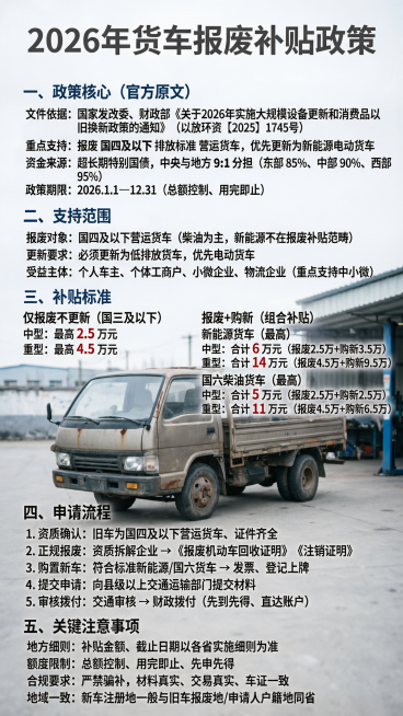 制作一张竖版9:16的信息海报，主题为2026年货车报废补贴政策，背景为浅色调的老旧营运柴油货车实景底图，画面清晰，排版工整易读，包含以下完整政策信息：
### 2026年货车报废更新补贴政策
###预览效果