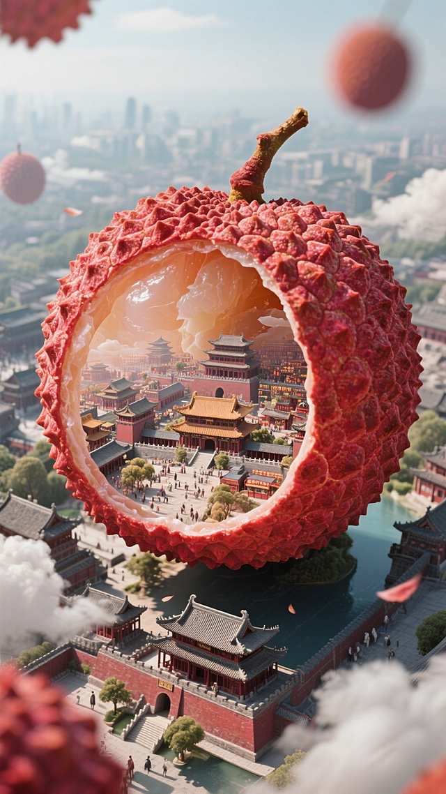 梦幻感与中式古典交融，3D微缩艺术呈现荔枝内的故宫奇景，重拟物与超现实主义碰撞，粒子风点缀，玻璃质感透出唯美感，中秋意境悠然。
