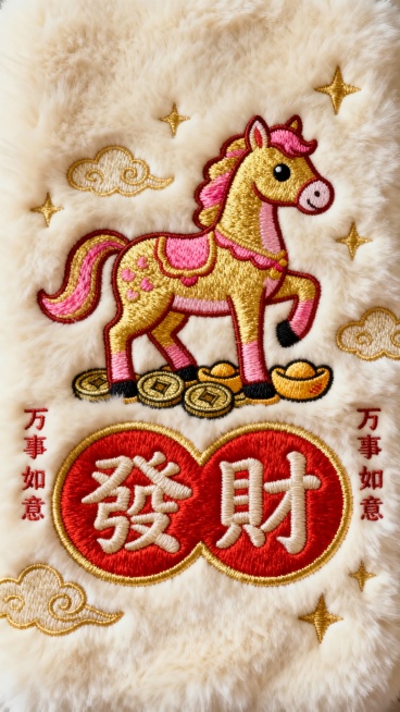 一幅以发财为主题的毛绒质感刺绣壁纸，整体采用米白色毛绒布料为背景，主体是一只色彩鲜艳的卡通风格金色骏马，并点缀金、粉色渐变装饰，马的脚下绣有元宝、铜钱等元素。下方是红色的“發財”二字，采用圆润可爱的字预览效果