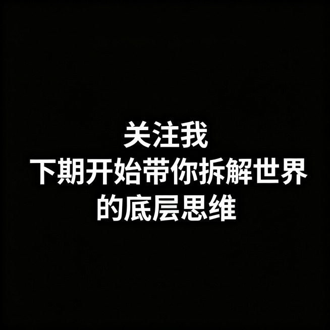 纯黑色背景图片，上面包含白色文字"关注我 下期开始带你拆解世界的底层思维"，整体设计简洁清晰预览效果