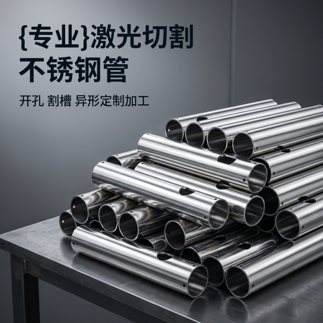 [主图 1] 不锈钢管产品首图，激光切割加工展示。
[氛围风格] 工业硬核专业质感，突出金属产品品质感；
[画质] 商业摄影质感、光线硬朗通透、产品清晰真实、画面干净高级。
[元素] 多根加工好的亮面预览效果
