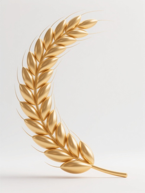 3D渲染的金色麦穗，具有光滑的金属质感和细腻的高光阴影，呈现出优雅的弯曲形态，麦穗颗粒饱满，排列整齐，整体造型精致华丽，白色背景干净简洁，突出主体。预览效果