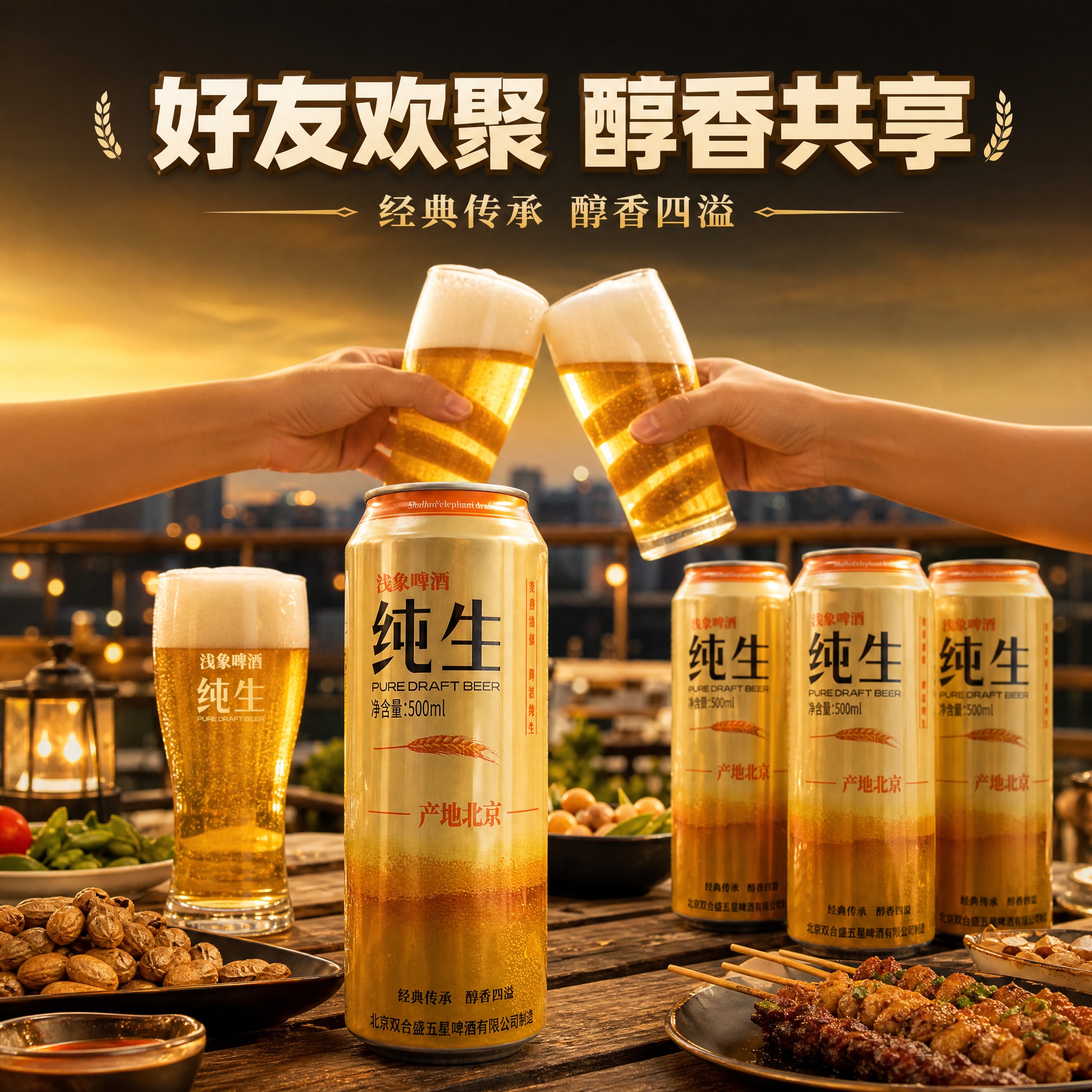 [主图-4] 浅象纯生啤酒欢聚场景图，展示朋友聚会分享饮用场景… - 图片创意预览