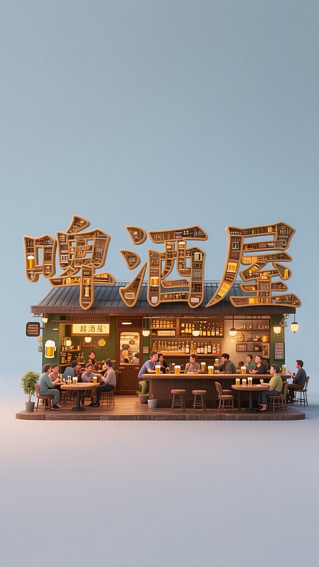 3D立体风格，以“啤酒屋”三个字为造型核心，笔画被塑造为啤酒屋设计场景，字的表面布满啤酒屋内部细节，屋内顾客满座，有吧台、桌椅、酒杯等元素，充满生活气息，居中正视图，正面图，背景为纯色