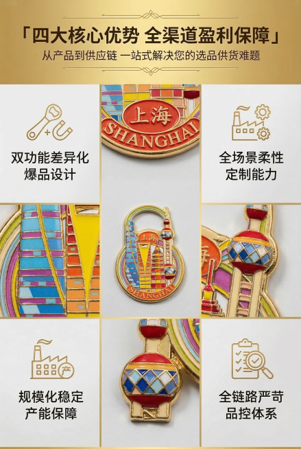 高端商业供应链杂志风核心竞争力总览屏，整体风格与首屏统一，鎏金+浅灰高级哑光背景。顶部通栏主标题用加粗无衬线字体：「四大核心优势 全渠道盈利保障」，副标题用细体无衬线字体：「从产品到供应链 一站式解决预览效果