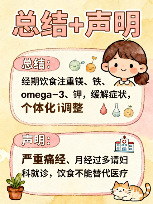 竖版3:4构图，暖色调手绘水彩风，线条柔和，米黄、浅粉、浅棕配色。画面中有Q版卡通女生，表情安心，角落点缀猫咪和小盆栽。上方加粗大号标题“总结+声明”，下方分两个圆角边框模块：1. 总结：经期饮食注重预览效果