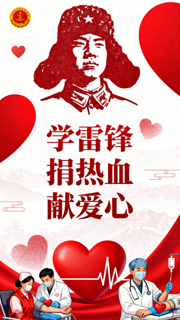 学雷锋鼓励献血公益海报，整体风格温暖正能量，画面中心有醒目的标题文字"学雷锋 捐热血 献爱心"，背景有红色爱心与雷锋头像剪影元素，搭配志愿者爱心献血场景，整体色调以红色和白色为主，设计简洁醒目，适合公预览效果