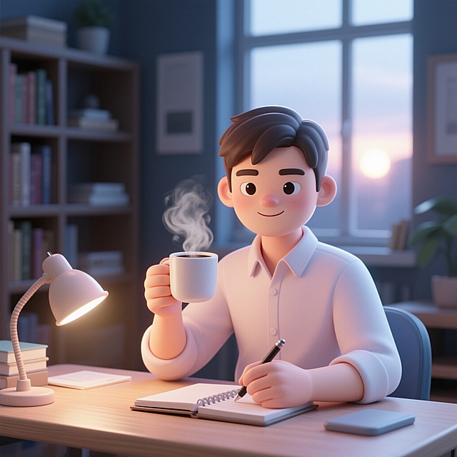 趣味3D插画风格，C4D渲染，OC渲染，Blender建模，柔软光线，马卡龙色系，泡泡玛特盲盒质感，光滑黏土材质，影棚打光，8k分辨率，超细节，一位干练的年轻男性，短发，穿着整洁衬衫，眼神锐利有神，清晨5点坐在书房里，窗外天色微亮，他一手端着冒着热气的咖啡，另一手在笔记本上快速书写，嘴角带着自信的微笑，桌面整洁，台灯柔和地照亮脸庞，面部特写位于画面正中心，微距镜头拍摄，皮肤干净清爽，透着健康光泽，毫无倦意，背景是模糊的书架和窗外晨光，整体氛围高效宁静，短睡眠能力