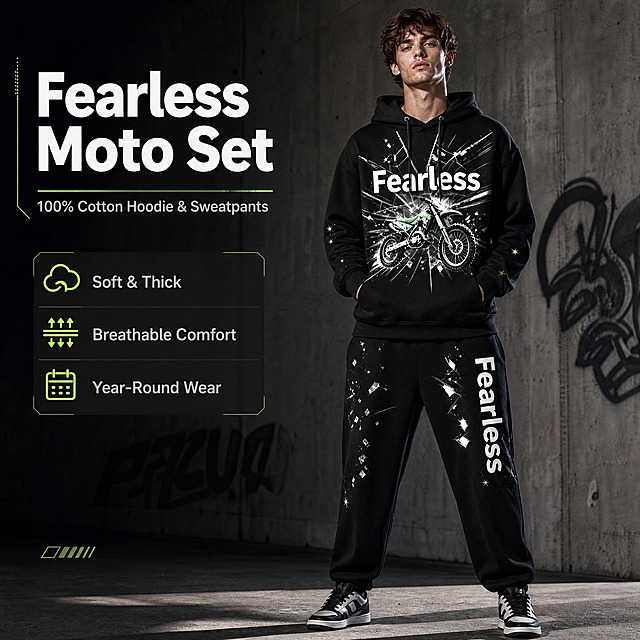 [商品] 使用【图1】黑色Fearless越野摩托印花连帽卫衣+束脚卫裤套装；商品处理：保留连帽抽绳、袋鼠兜、罗纹袖口下摆、松紧腰束脚裤、整体黑色底色、正面绿色越野摩托车图案、白色"Fearless"英文字样、裤腿竖排白色"Fearless"字样、裤身碎片星光印花、袖子绿色小星点；自然去除平铺褶皱，理顺版型垂坠感，增强纯棉面料纹理、缝线和罗纹质感，不改变颜色、结构和印花位置。
[画面] 目标：潮酷机车风格头图，展示套装上身全貌与街头潮流氛围。构图：左文右图，右侧欧美年轻男模特正面站立，穿着整套卫衣卫裤，姿态放松有街头感，左侧留白放标题文案。主体占画面约65%，前景地面投影、中景模特、后景虚化的工业风街头/水泥墙背景，营造urban街头氛围。阅读动线从左上标题到右侧模特全身。
[视觉] 套系策略：风格=跨境极简高级街头商业摄影；标题字=现代粗体无衬线英文字体；正文字=简洁无衬线英文字体；主色=炭黑+深灰；背景延展=基于炭黑做深浅灰渐变、水泥质感纹理和暗调工业风层次；强调色=荧光绿，仅用于小面积图标、引线和标签点缀；标题色=纯白色；正文色=浅灰色；组件=细线引线、半透明深色信息卡、极简几何装饰；光影=右前侧硬调柔光，突出面料质感与印花清晰度。
[文字] 左上区域主标题"Fearless Moto Set"，副标题"100% Cotton Hoodie & Sweatpants"，下方3个短卖点"Soft & Thick"、"Breathable Comfort"、"Year-Round Wear"，文字横向排版，不遮挡模特身体和服装印花主体。
[规格] 图片比例1:1方形，4K分辨率，避免变形、错字、文字过小、亚洲面孔、冷蓝背景、服装颜色改变、版型失真、印花模糊。
