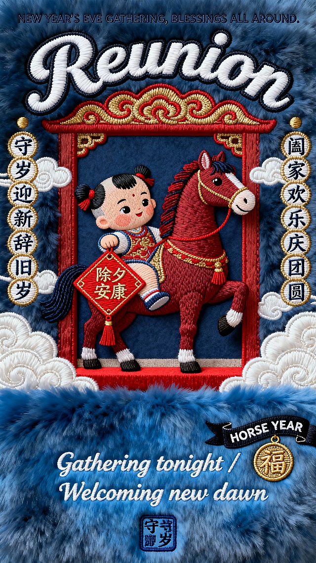 毛绒布上刺绣的2026马年除夕海报