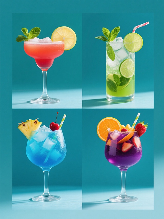 四张同系列饮品海报，每张均为纯色背景，第一张为红色渐变鸡尾酒配柠檬片和薄荷叶，第二张为绿色莫吉托含青柠角与薄荷叶，第三张为蓝色夏威夷有菠萝片和樱桃装饰，第四张为紫色桑格利亚果酒点缀橙子片与草莓，所有饮品均装在透明高脚杯中，杯内有冰块和对应颜色的液体，杯口装饰新鲜水果和吸管，整体采用高清晰摄影风格，光线明亮柔和，色彩饱和鲜艳，构图居中对称，四张海报规整排列成2x2网格，保持一致的光影质感和视觉层级。