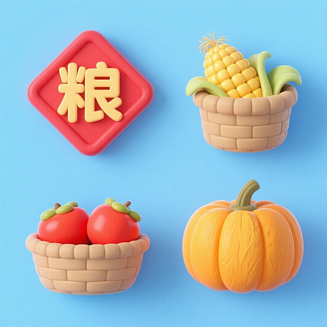 4个中秋素材组合，可爱电商促销感。素材包括：第一个粮仓（贴着带有 “粮” 字的红色菱形福字）；第二个一筐玉米；第三个一筐柿子；第四个南瓜。画面整体呈现鲜艳效果，淡蓝色背景。上下两行，排列整齐