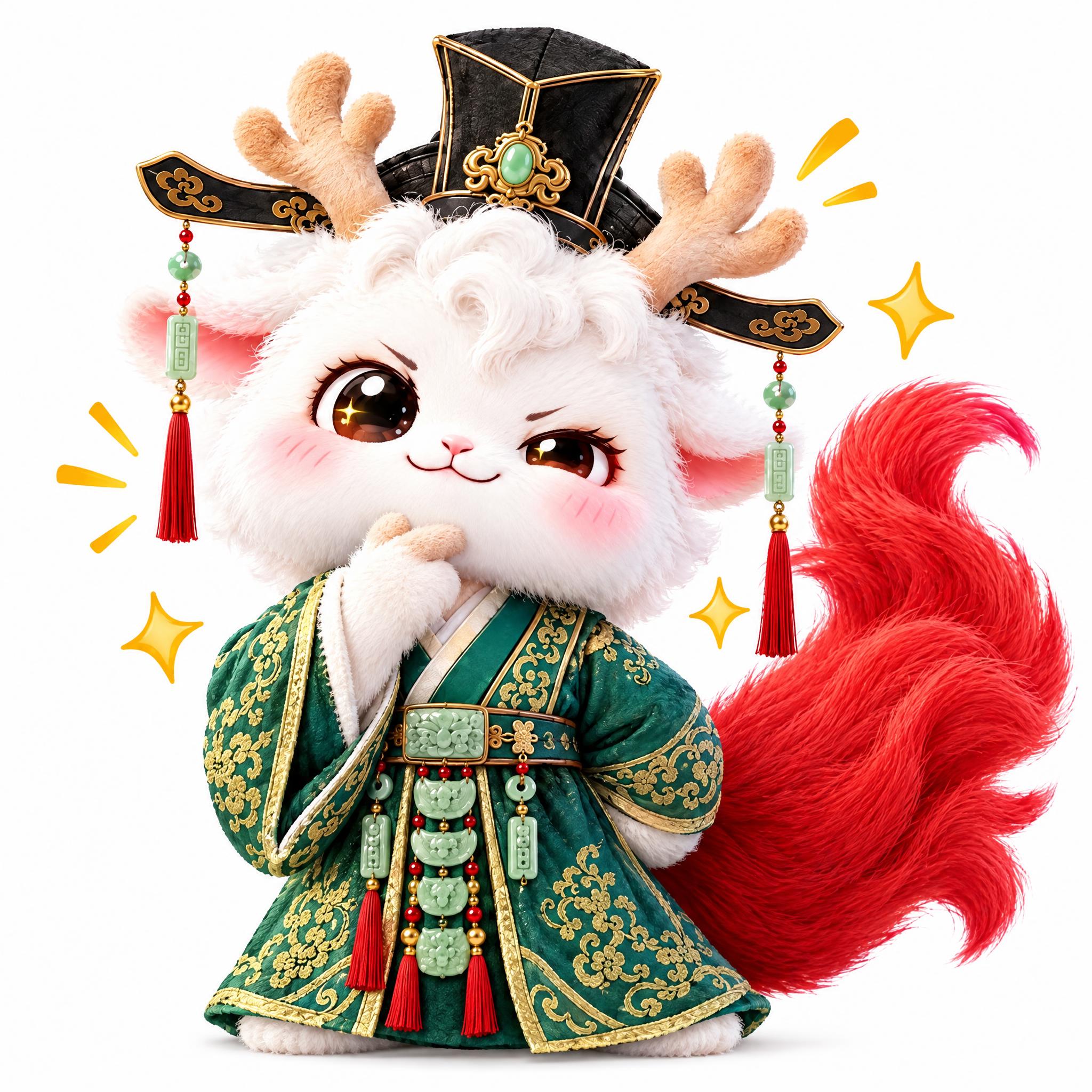 参考图中的白色小鹿小神兽（鹿角、白色毛绒、粉色耳朵、红色大尾巴… - 图片创意预览