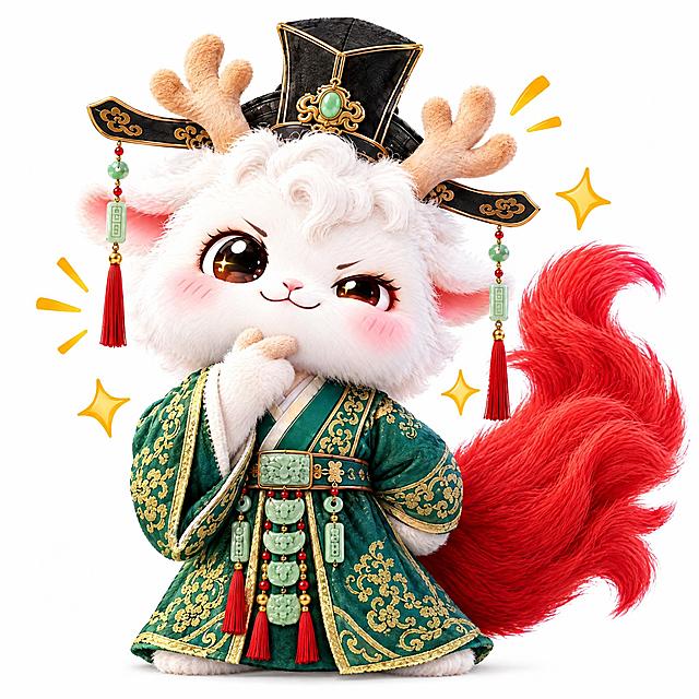 参考图中的白色小鹿小神兽（鹿角、白色毛绒、粉色耳朵、红色大尾巴、绿色古风官帽、绿色金线长袍），保持角色外观特征完全一致，做出胸有成竹的表情，自信地微笑，一只手摸着下巴，另一只手背在身后，眼神笃定从容，周围有金色闪光特效，一副一切尽在掌握的样子，Q版可爱国潮风格，3D毛绒质感，纯白背景