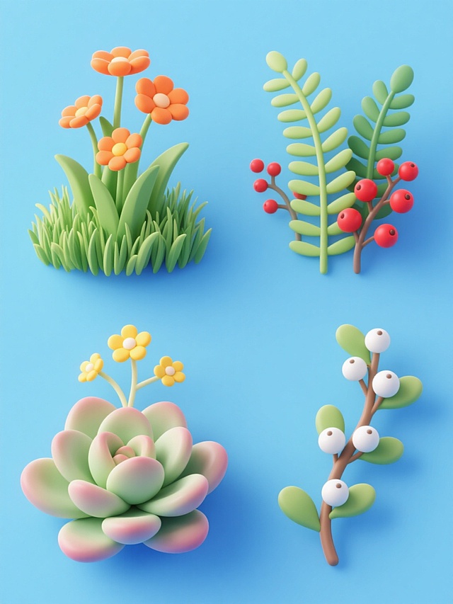 纯色背景上的软3D风格插画，整体变换为清新的蓝色调，画面中规整排布四个完全不同的植物元素内容系列素材集合：左侧上方是带有橙色花朵的绿色草丛，右侧上方是点缀着红色浆果的蕨类植物，左侧下方是开着黄色小花的多肉植物，右侧下方是长着白色圆果的藤蔓枝叶，所有元素均保持软3D的立体渐变质感、圆润边缘和简洁造型，色彩和谐统一，形成一组风格一致的装饰图案。