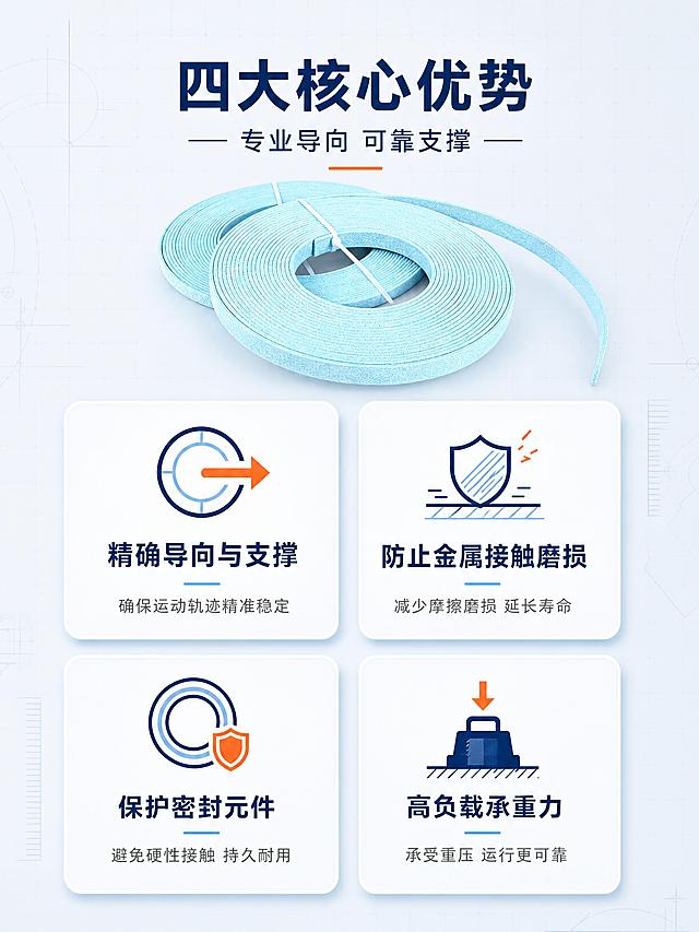 [第2张] 核心卖点总览页-酚醛夹布导向带四大卖点icon卡片。本张使用【图1】作为产品展示元素。
[氛围/风格] 工业专业风，浅灰蓝底色，简洁大气，信息层级清晰，五金建材详情页卖点页风格。
[元素布局] 顶部为标题区，占比约20%；中部偏上放置一卷浅蓝色导向带产品小图，占比约20%，保持原图产品外观、颜色、纹理一致；下方为四大卖点卡片区域，2x2排列，占比约60%；背景为浅灰蓝色，点缀细微网格线和工程线条元素；每张卖点卡配对应图标和文字说明。
[光影质感] 均匀柔光照明，产品清晰明亮，卡片有轻微投影增加立体感，整体干净通透。
[配色色系] 全局底色 #F0F4F8 浅灰蓝；主色深蓝 #0A2463；辅助色浅蓝 #87CEEB、橙色点缀 #FF6B35、深灰文字 #333333。
[视角构图] 正面平视，居中对称构图，阅读动线顶部标题 → 中部产品 → 下方四宫格卖点。
[文字版式] 版式为顶部标题 + 中部产品图 + 下方2x2卖点卡片。顶部主标题「四大核心优势」，副标题「专业导向 可靠支撑」，居中对齐，深蓝粗体；四张卖点卡：左上「精确导向与支撑」配导向箭头图标，右上「防止金属接触磨损」配摩擦防护图标，左下「保护密封元件」配密封圈图标，右下「高负载承重力」配承重压力图标；每张卡片上方图标，下方主标题8字内，再下一行小字说明12字内；卡片白底圆角，深蓝标题，灰字说明。
[比例分辨率] 3:4 竖版比例，宽度1200，高度1600，4K分辨率，文字清晰可辨，高清画质。
[负向提示词] 产品变形，颜色偏差，水印，文字错乱，文字过小，背景杂乱，人物出现。