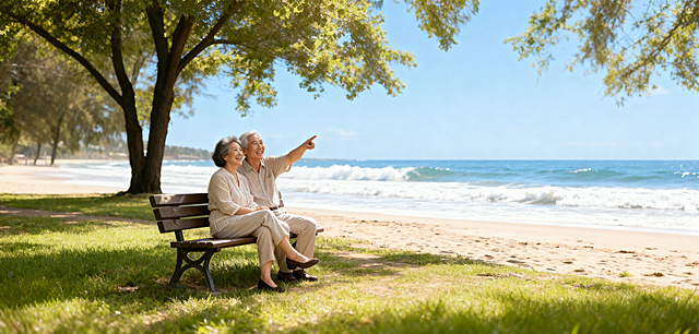将背景替换为清晰干净的海边场景，保留原图中两位老人坐在长椅上的人物和姿势不变，画面清晰自然，光影柔和